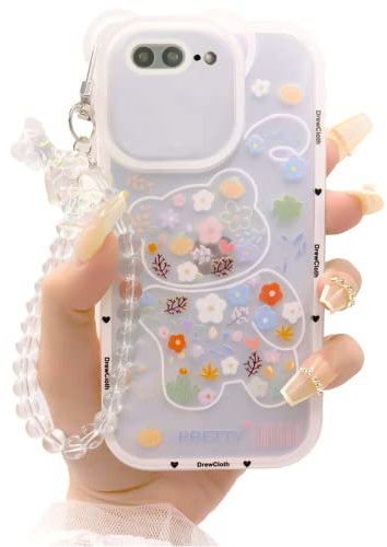 Kawaii Phone Case for iphone 7 Plus/8 Plus with Cute Teddy Bear Wrist Strap Bracelet Chain & Aesthetic Flower Love Heart Floral Pretty Lovely Adorable Phone Cases Design for Girl Women - Colorful