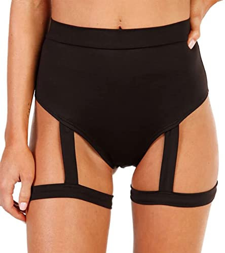 EVELUST Rave Booty Shorts für Damen – Hoch Taillierte Badeshorts Scrunch Sporthose Kurze Leggings Gothic Festival Outfits(HarnessBlack, S, 13051w)