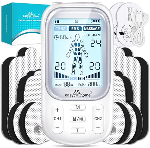 Easy@Home Tens Machine EMS: TENS Machine for Pain Relief EMS Muscle Stimulator for Back Pain | Back Massage Machine for Pain | Arthritis Pain Relief | Dual Channel 24 Modes 16 Pads Replacements