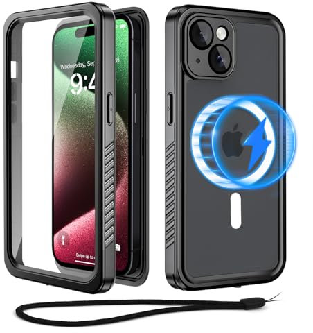 Beeasy für iPhone 15 Hülle Wasserdicht für MagSafe, 360 Grad Outdoor Schutzhülle mit Displayschutz, IP68 Wasserfest Handyhülle Staubdicht Stoßfest Panzerhülle für iPhone 15 Case 6,1 - Schwarz