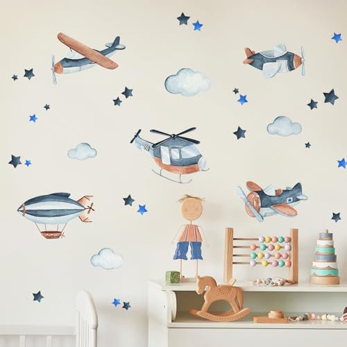 Tanlaby Raumschiffe Flugzeuge Wandsticker Blaue Wolken Sterne Wandtattoo Selbstklebend Wandaufkleber Abnehmbare Wandkunst Aufkleber für Kinderzimmer Kinderzimmer Spielzimmer Wanddekoration