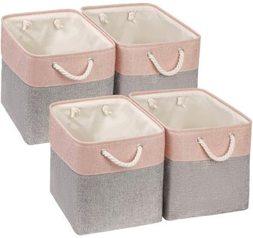 Mangata Canvas Storage Boxes, 30x30x30cm Fabric Storage Baskets for Shelves Organizing Clothes Nursery Home (Grey/Pink, Set of 4)