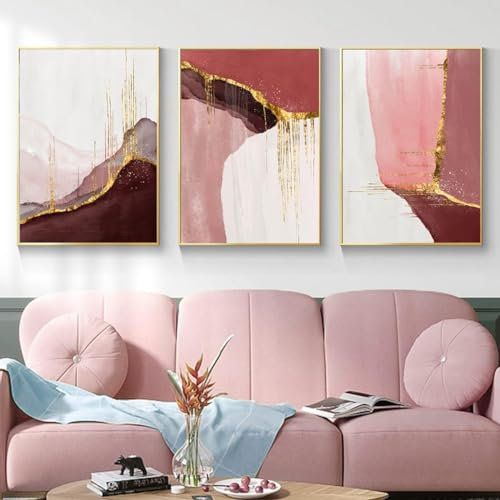 Pink Marble Canvas Painting, Gold Abstract Gold Foil Art Wall Decoration Poster, Marble Present Poster Set, Frameless (Style 2.20 x 30 cm x 3)