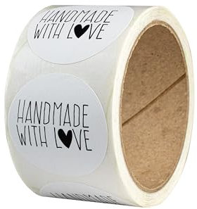 Aufkleber Handmade with Love – 50 Stück – Recyclingpapier, rund – Ø 4 cm – als Sticker oder Etiketten für Hochzeit, Weihnachten – handgemacht, Marmeladengläser, Kerzen - LOVE HERZ