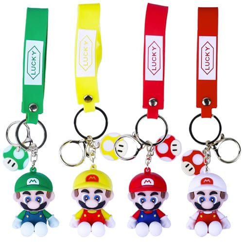 4 Pièces Ma-Rio Porte-clés, Mini Anime Dessin animé Porte-clés, Ma-Rio Porte-clés pour Les Fêtes d'anniversaire, Mini Silicone Porte-clés pour Enfants, Cadeau d'anniversaire pour Enfants