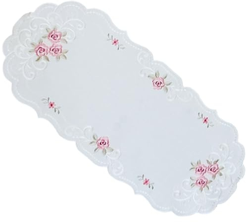 Romantisches Tischdeckchen bestickt Rosen weiß Polyester als Tischdeko - Tischdecke Blumen MARGIT 30 x 70 cm Frühling oval - Waschbares Kunststoff Mitteldeckchen für Zuhause, Party, Geburtstag