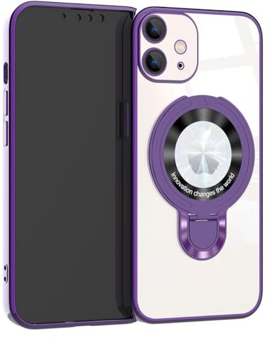 EiYioun Plated Case for iPhone 12 Mini with Metal Ring Holder Stand [Compatible with MagSafe], Shockproof Non-Slip Slim Fit Protective Phone Bumper Cover for iPhone 12 Mini Dark Purple