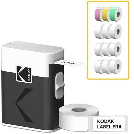 KODAK Label ERA M50 Etikettendruckmaschine, Weiß (Etikettendrucker mit 1 Rolle Sticker-Etiketten + 12 Rollen-Set, Weiß 9 Rollen, Pink/Grün/Gelb je 1 Rolle)