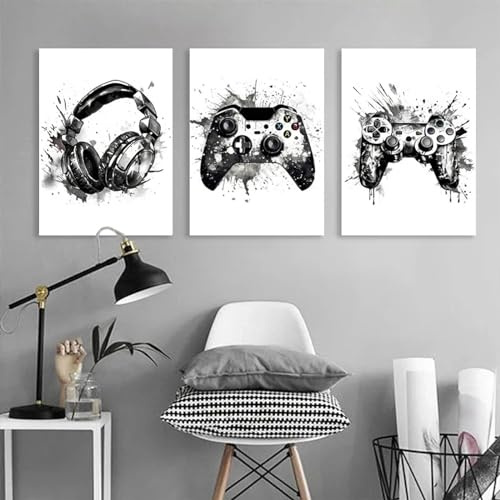 BMGKYAGL Schwarzes Gemälde und weißer Tinte, Leinwanddruck, Gemälde, Game Controller Headset, Wettkampfzimmer, Wandkunst, Bild, Jungen, Heimdekoration, 40 x 60 cm x 3, rahmenlos