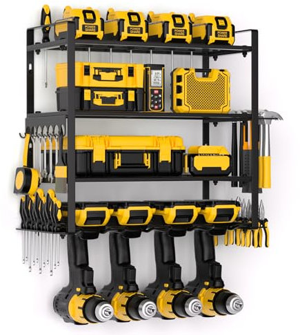 Hocookeper Organizador de herramientas eléctricas de 4 capas, soporte de pared para 4 taladros, soporte de taladro inalámbrico resistente, estante de almacenamiento de herramientas eléctricas para