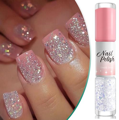 White Glitter Nail Polish: Pink & White Glitter Varnish, Double-Head Two-color, Quick Drying & Long Lasting - DIY Nail Art Manicure at Home (10ML)