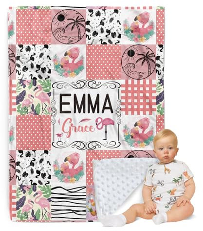Personalisierte Babydecke - Individueller Name mit Tiermotiven Karo-Design - Patchwork Weiche Kuscheldecke mit Doppellagiger Gepunkteter Rückseite für Jungen Mädchen Geschenke Farbe09-Flamingo