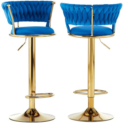 BAKAJI Set 2 Sgabelli da Cucina con Rivestimento in Velluto e Schienale Intrecciato e Altezza Regolabile, Sedie da Bar, Ristorante, Struttura Girevole in Oro con Poggiapiedi, Design Moderno (Blu)