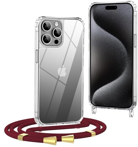 OLEPHY Crossbody Lanyard Case for iPhone 14 Pro with Strap, Wine Red | Phone Cover with Adjustable and Removable Neck Strap, Soft Transparent Shockproof Protective Case