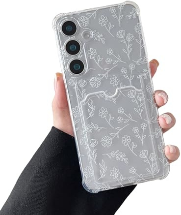 DEFBSC Case for Samsung Galaxy S25 5G, Transparent Back Card Holder Phone Case, Ultra Slim Soft Clear TPU Shockproof Full Camera Protective Cover, Floral Pattern Design, Sketch Flower