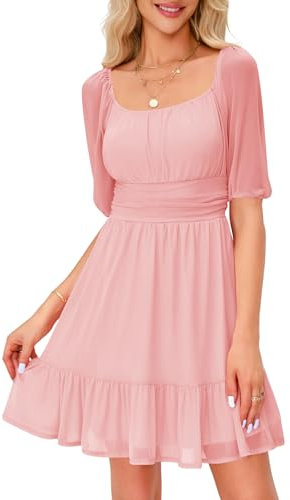 Imily Bela Robe de soirée pour femme - Col carré - Mini robe en maille - Taille haute - Plissée - Manches longues - Invité de mariage, 1-rose, S