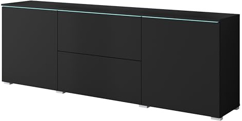 MINIO go for it - Kommode Veve Sideboard mit Schubladen und Türen | Wohnzimmer Schlafzimmer 180 cm Breit, Kommode Schwarze matte Farbe, mit LED-Beleuchtung