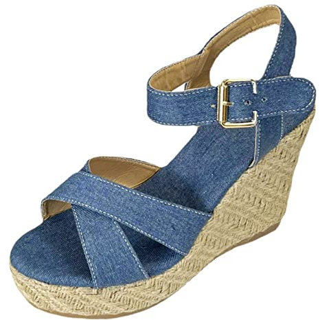 Générique Stivali al ginocchio larghi Sandali con zeppa in denim a punta aperta da donna Scarpe Stivaletti Tacco, Azzurro, 37 EU