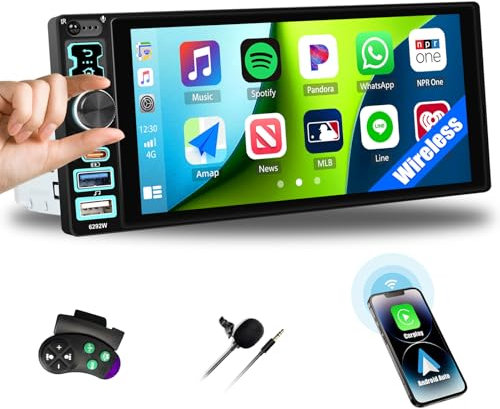 CAMECHO Autoradio 1 Din 6.8 Zoll Wireless Carplay Android Auto Bluetooth 5.2 Radio mit IPS Touchscreen Bildschirm mit Mirror Link Lenkradsteuerung +USB Typ-c Karten Anschlüsse HD Display