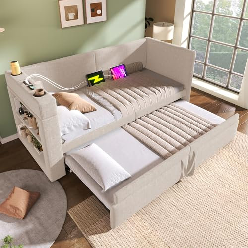 Gxffipw Schlafsofa Tagesbett 90x200 cm mit USB Type-C und Stauraum, Schlafcouch mit Ausziehbett 90x190 cm, Sofa Bett Bettgestell mit Lattenrost, Beige, Leinen, Ohne Matratze