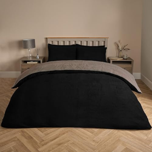 Brentfords Reversible Teddy Fleece Duvet Set, Super Soft Warm Thermal Double Duvet Set Plain Dye Fluffy Fleece Double Teddy Bear Bedding with Pillowcases, Black/Natural