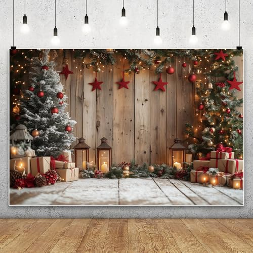 MIRRORANG 3x2m Rustikaler Winterhintergrund aus Holz mit Schnee, Tannenblättern, Zapfen und Lampen, dekorativer Hintergrund für Fotografie, saisonale Feiertage, Weihnachtsbanner