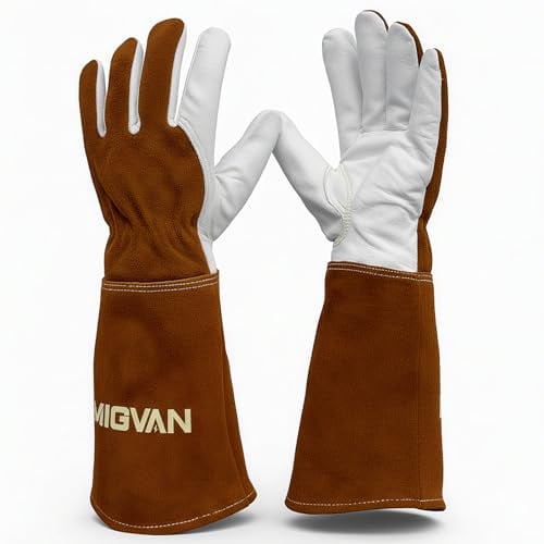 MIGVAN Guantes de soldadura de cuero vacuno – Guantes largos ignífugos para soldadura MIG/TIG, barbacoa, chimenea, horno y cocina – Resistentes al calor, unisex, talla M