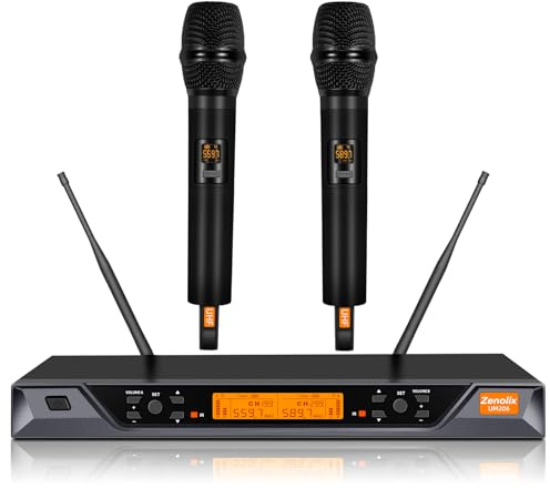 Zenolix Wireless Microphone System, Metal Dual UHF Cordless Handheld Dynamic Karaoke Mic Set, Auto Scan, Long Range 200ft for Home Karaoke Singing, DJ Party, Church, Wedding, Speech (UM206)