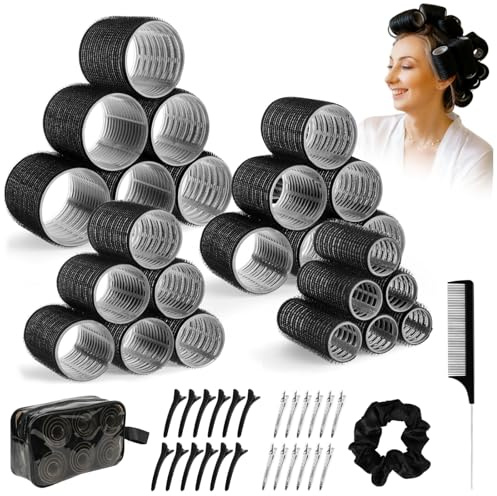 6-in-1-Kulturbeutel Damen, Lockenwickler-Set mit 24 Lockenwicklern und 24 Klammern (6 Jumbo, 6 L, 6 M, 6 S), hair rollers für Langes, Mittelgroßes und Kurzes Haar (Schwarz, 50 Stücke)