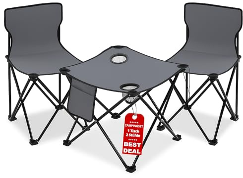 Stagecaptain CS-4547 GY Campingtisch-Set klein für 2 Personen - Klapptisch 46 x 46 cm mit 2 faltbaren Campingstühlen - Getränkehalter Netz Seitentasche 600D Polyester bis 90 kg - Grau