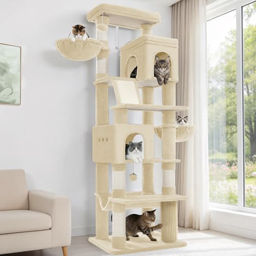 Hzuaneri Kratzbaum Groß, 213 cm Hoch, XXL Katzenbaum, 2 Plattformen, 2 Höhlen, 5 Kratzstämme, Kratzbrett, Katzenkorb, Hängematte, Geeignet für Alle Katzenrassen, Maine Coon, Beige MS21318YL