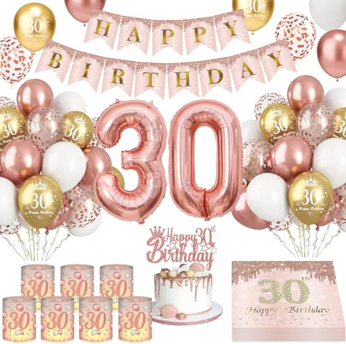 Deko 30 Geburtstag Frau, Rose Gold 30. Geburtstag Frauen Deko, 8 Windlicht Tischdeko, 30 Geburtstagsdeko Luftballons, Happy Birthday Banner Servietten Tortendeko, 30th Geburtstagsparty Deko Supplies
