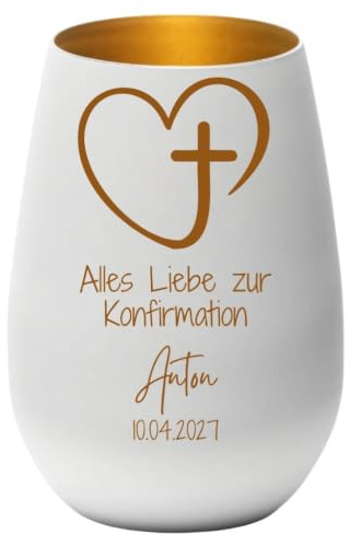 Windlicht Konfirmation | 9 Motive | personalisiertes Geschenk zur Konfirmation Mädchen & Junge | graviertes Windlicht mit Spruch, Name & Datum | Glas Teelicht schwarz weiß (Weiß, Motiv 2)