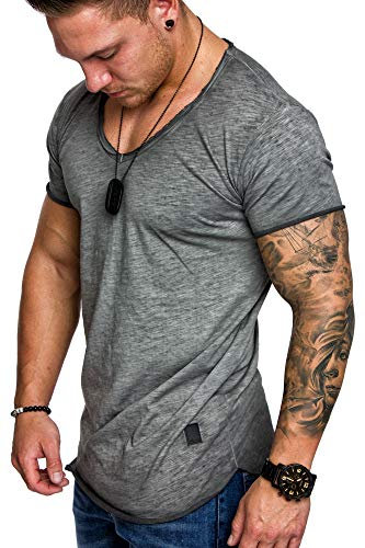 Amaci&Sons Oversize Herren Vintage T-Shirt Verwaschen V-Neck Basic V-Ausschnitt Shirt 6034 Anthrazit M