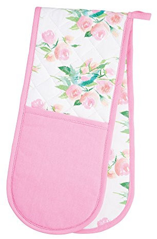 KitchenCraft 100% Cotton 'Rose' Floral Double Oven Gloves, 86 x 18 cm (34 x 7) - Pink / White