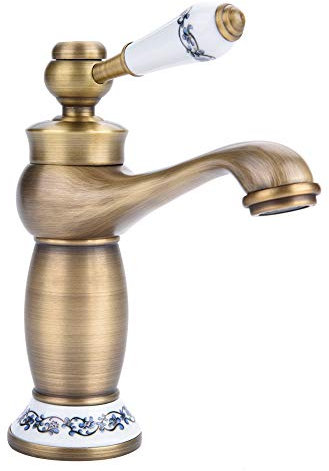 Keramik-Armatur, Antik-Messing, Waschbecken, Wasserhahn Blau und Weiß, aus Porzellan, langer Hals, Vintage, Waschtischarmatur, Mischbatterie, Küche, Wasserhahn für Kalt/Warmwasser (Antik)