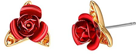Suplight Boucles d'Oreilles Femme Plaqué Or Jaune Clous et Puces Dorés Décor de Rose Fleur Rouge Bijoux Fantaisie pour Jeune Fille Accessoire de Bal Soirée Mariage Fiançaille