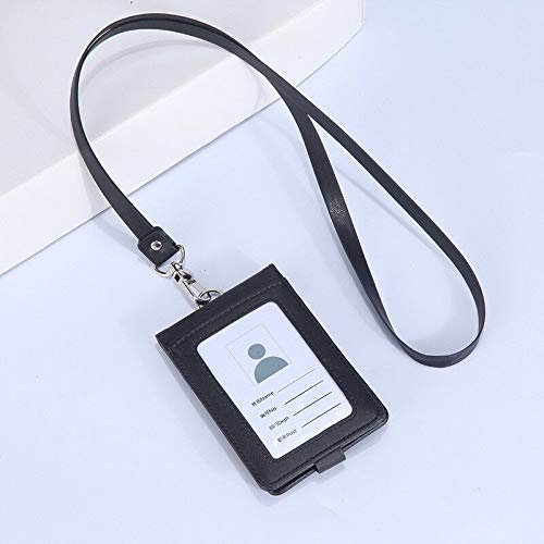 Porta badge con cerniera, in pelle sintetica di poliuretano, verticale, cordino da collo staccabile in poliuretano da 55,9 cm, nero