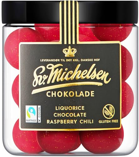 Sv. Michelsen Lakritze – Dänische Lakritz-Kugeln mit Weißer Schokolade, Himbeere & Chili – 150g | Handgefertigt, Glutenfrei, Gourmet Lakritz Geschenk | Hochwertige Süßigkeiten aus Dänemark