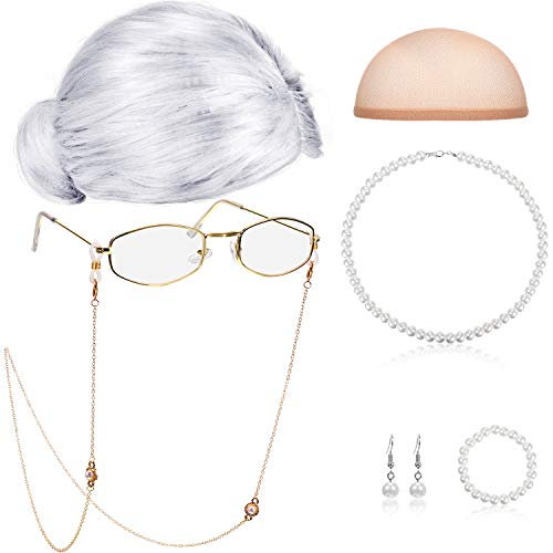 Gejoy Alte Dame Cosplay Set Oma Perücke Alte Dame Perücke Brille Brillenkette Halskette Ohrringe Armband aus Kunstperlen Old Lady Kostüm Set für Cosplay Halloween Karneval und Faschingsveranstaltungen