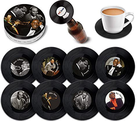 Retro Musique Set mit 8 Vinyl-Untersetzern mit magnetischem Flaschenöffner, tolle Musik-Untersetzer, Bar-Geschenke für Männer und Frauen, fantastisches Geschenk für Musikliebhaber, verpackt in einer