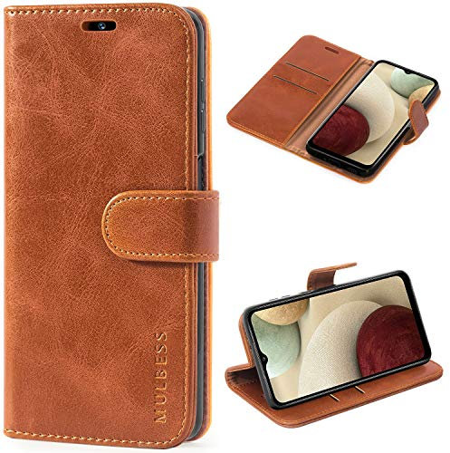 Mulbess Handytasche für Samsung Galaxy A12 / M12 Hülle, Ledertasche mit Bookstyle, Standfunktion, Kartenfächern Handyhülle, Vintage Cognac Braun