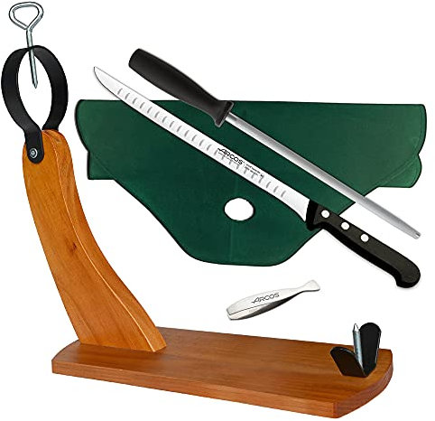 CUPERINOX Jamonero Profesional | soporte de jamon | 5 Piezas | tabla jamonera | soporte jamonero | Kit Jamonero (tabla + cuchillo + afilador + pinza + cubre jamon