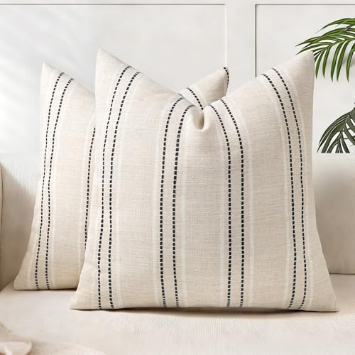 AELS Dekorative Bauernhaus-Leinen-Überwurf-Kissenbezüge, Boho-Struktur-Kissenbezug, 2er-Set, Beige mit weißen und schwarzen Stichen, garngefärbte Streifen, Kissenbezug für Sofa, Couch, Wohnzimmer (nur