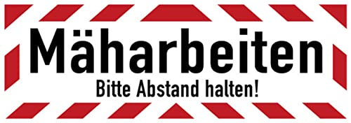Aufkleber Warn Hinweis Mäharbeiten Bitte Abstand halten! Warnung Schild Folie selbstklebend | Größen wählbar Made in Germany, Größe: 112,5x37,5 cm
