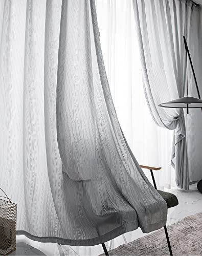 Lactraum Gardine Wohnzimmer Schwalbenschwanz zerknittert Vorhang Voile Grau mit Kräuselband H245 x B300 cm