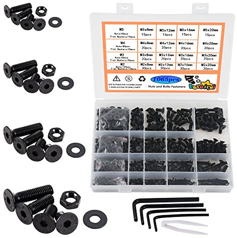 huruirui M2 M3 M4 M5 Muttern und Schrauben Unterlegscheiben Sortiertes Set, 1065Stück Schwarze Linsenkopfschrauben Innensechskantschrauben Kit, Gewindemaschine Sechskantschrauben Verschluss Kit