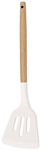BRIIEC 1pc White Silicone Slotted Turner with Wooden Handle, Heat Resistant Cooking Utensils, Ideal Cookware for Fring Fish, Eggs, Meat, French Fries