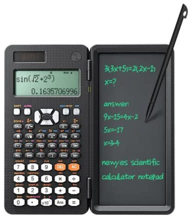 Wissenschaftlicher Taschenrechner mit Tafel/löschbarem Display zum Schreiben und Bleistift, Schwarz, Solar und Akku, 417 Funktionen und 8 Modi, für Mathematik, Physik, Geometrie