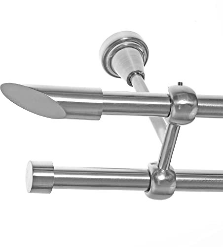BASIT Gardinenstange I Edelstahl Look Metall Ø 16mm I Vorhangstange I Gardinenstangenset I Deckenbefestigung I 2 läufig mit Deckenmontage I Schräge I Länge 120 cm I Design D24 E15 E16